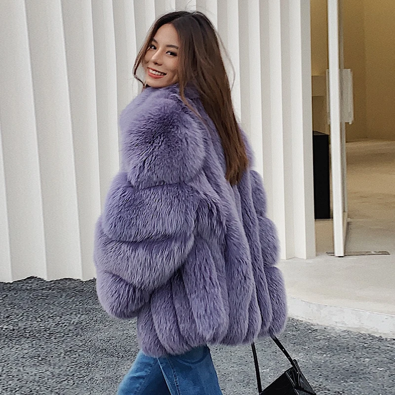 Fashion Purple Natural Fox Fur Coats Stand Collar Women Winter New High Quality Full Pelt Fox Fur Jacket Genuine Luxury Overcoat