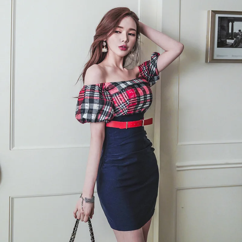 

2019 Spring And Summer New Style Women's Korean-style Joint-Style Horizontal Neck-Slim Fit Sheath Dress