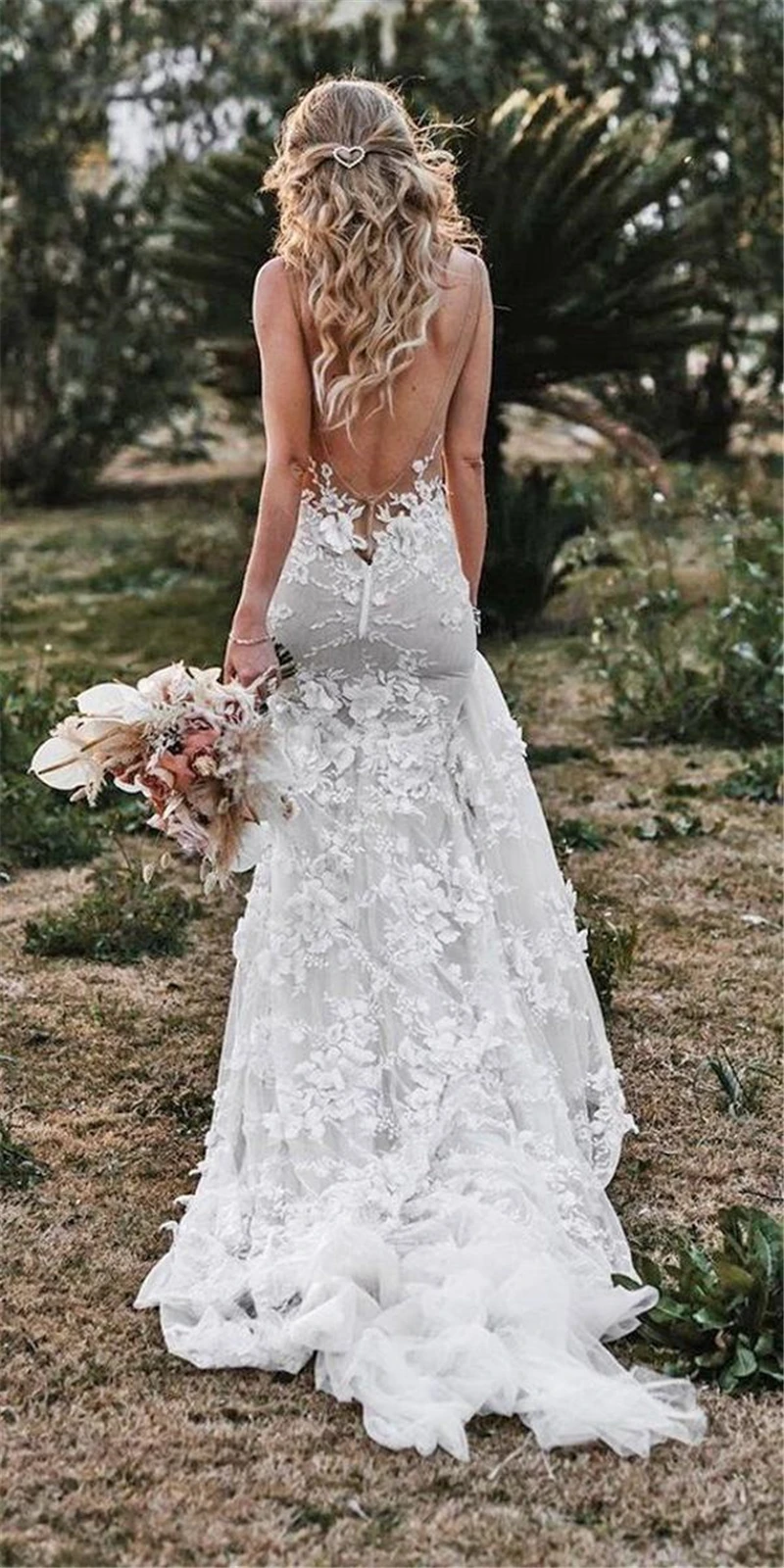 Vintage Mermaid Spaghetti Wedding Dress 2021 V-neck Backless Lace Appliques 3D Flowers Elegant Bride Gown With Train Custom Made bridesmaid dresses