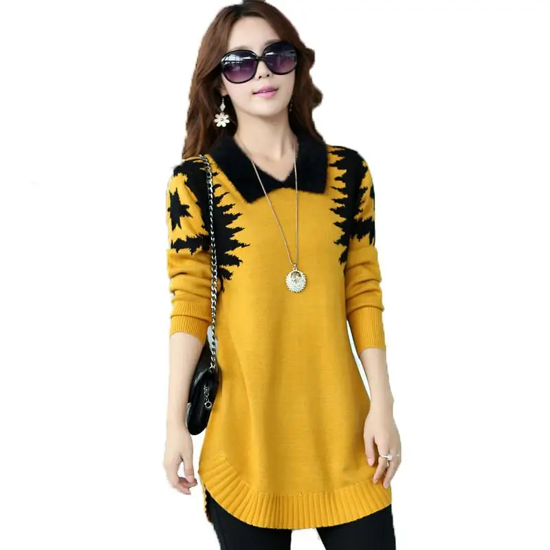 2020 зимнее платье-свитер с отложным воротником Женский пуловер больших размеров