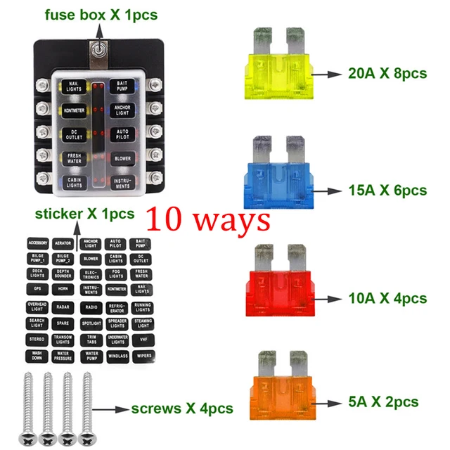 Car Blade Holder Fuse Box 12/10/8/6 Ways Modified Terminal Block Fuse with LED Warning Light for Car Boat Marine Trike 12V 24V 10 Ways