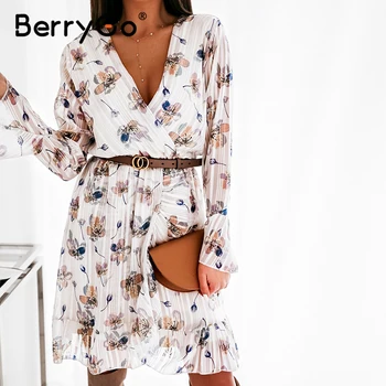 

BerryGo Sexy long ruffled sleeve solid foral work dress Elegant vintage women dress Casual ladies waist down holiday beach dress