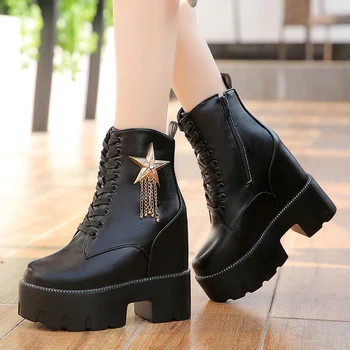 

Autumn Winter Women Ankle Boots Super High Heels Platform Star Round Toe Increasing Zipper Fabric Short Snow Boots Botas Mujer