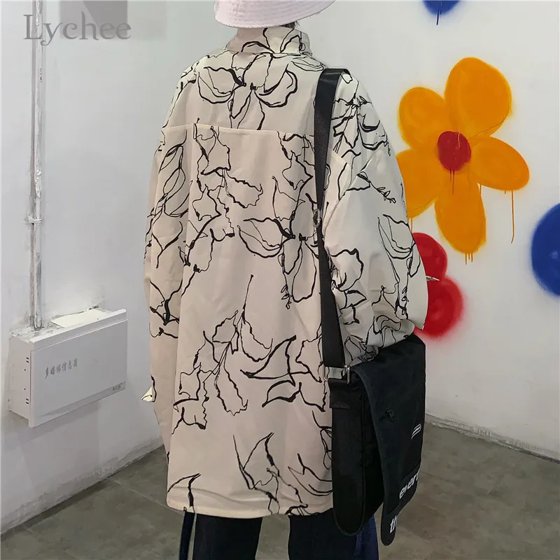 Lychee Harajuku, темная полоска, женская блузка, рубашка, весна, полный принт, длинный рукав, женские блузки, большие пуговицы, женские Рубашки, Топы