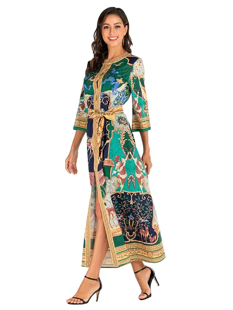 Модное мусульманское женское платье с принтом abaya, исламское платье-кафтан, длинное платье макси, арабское платье, одежда в винтажном этническом стиле, 3/4 рукав, осень, Новинка