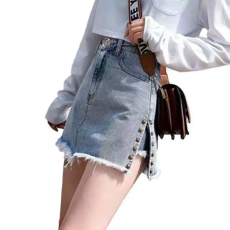 

Summer Denim Skirt Women New Rivet Decor Split A-line Skirts Casual High Waist Slim Pocket Causal Sexy Fake Two Piece Mini Skirt