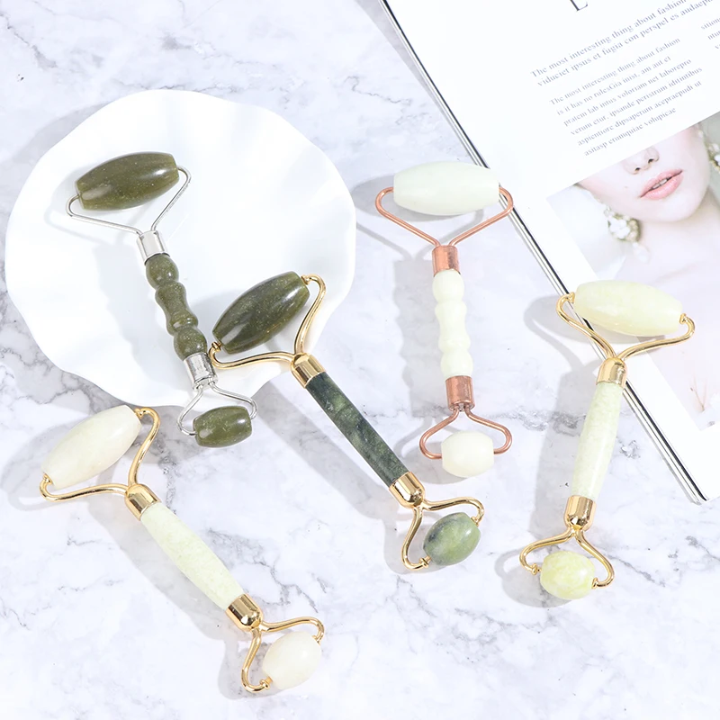 Double Heads Massager For Face Jade Roller Green Facial Natural Jade Stone Body Back Beauty Skin Care Slimming Massagers Roller
