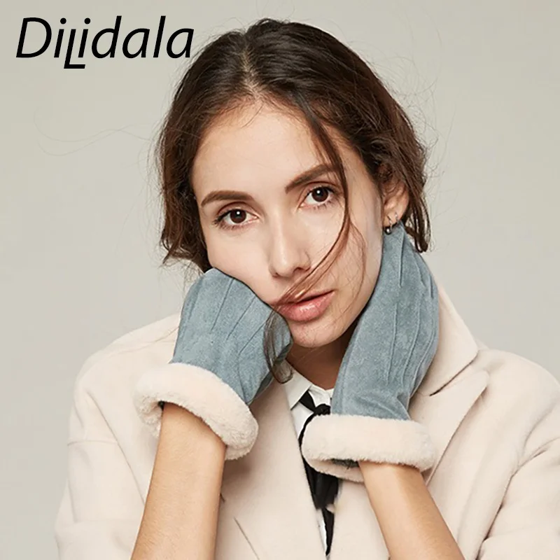 Dilidala женские зимние перчатки одноцветные плюс бархатные толстые теплые замшевые холодные студенческие перчатки с сенсорным экраном для вождения на открытом воздухе противоскользящие