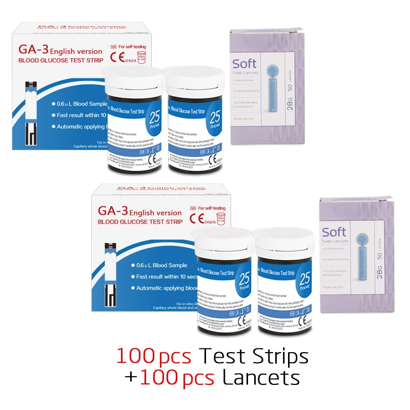 100pcs test strips Английская версия GA-3 тест-полоски для определения уровня глюкозы в крови, 50/100/200 шт. подходит для GA3 с скарификатор; сахар в крови обнаружения прибор для контроля уровня сахара в крови - Цвет: 100pcs test strips