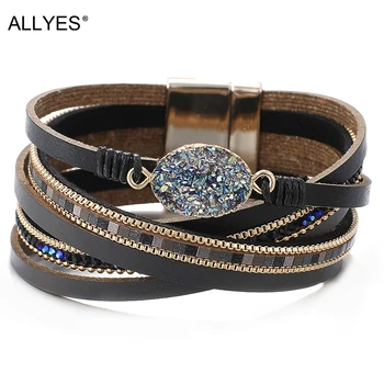 

ALLYES Statement Stone Charm Leather Bracelets for Women Ladies Boho Multilayer Rhinestone Wide Wrap Bracelet Female Jewelry
