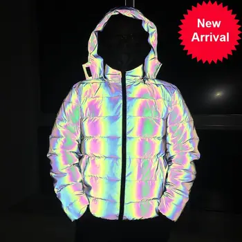 

Colorful 2020 Women Rainbow Reflective Light Winter Jacket Windbreaker Reflecting Glow Hooded Parka Young Men Warm Padded Coat