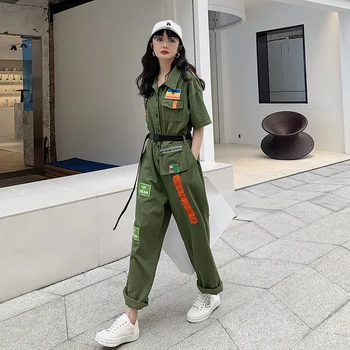 

Women Jumpsuit Short Sleeve Patchwork Cargo Straight Trouser Overalls Female Streetwear Hip Hop Harem One Piece Pants RomperT101
