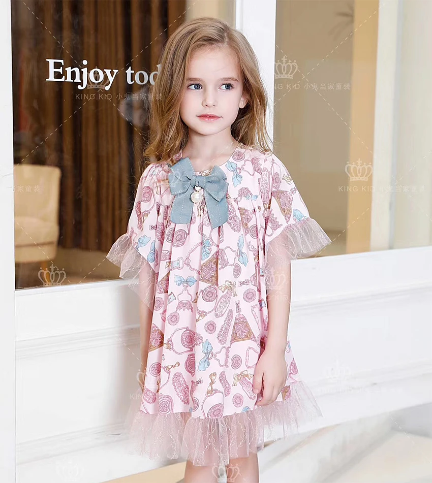 Платье принцессы для маленьких девочек с цветочным принтом и короткими рукавами г. Весенне-Летнее Детское платье для свадебной вечеринки для девочек,, детская одежда, N6506