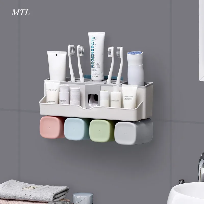 

MTL Hands Free Automatic Toothpaste Dispenser Squeezer teeth brush holder teeth brush rack Wall Mount