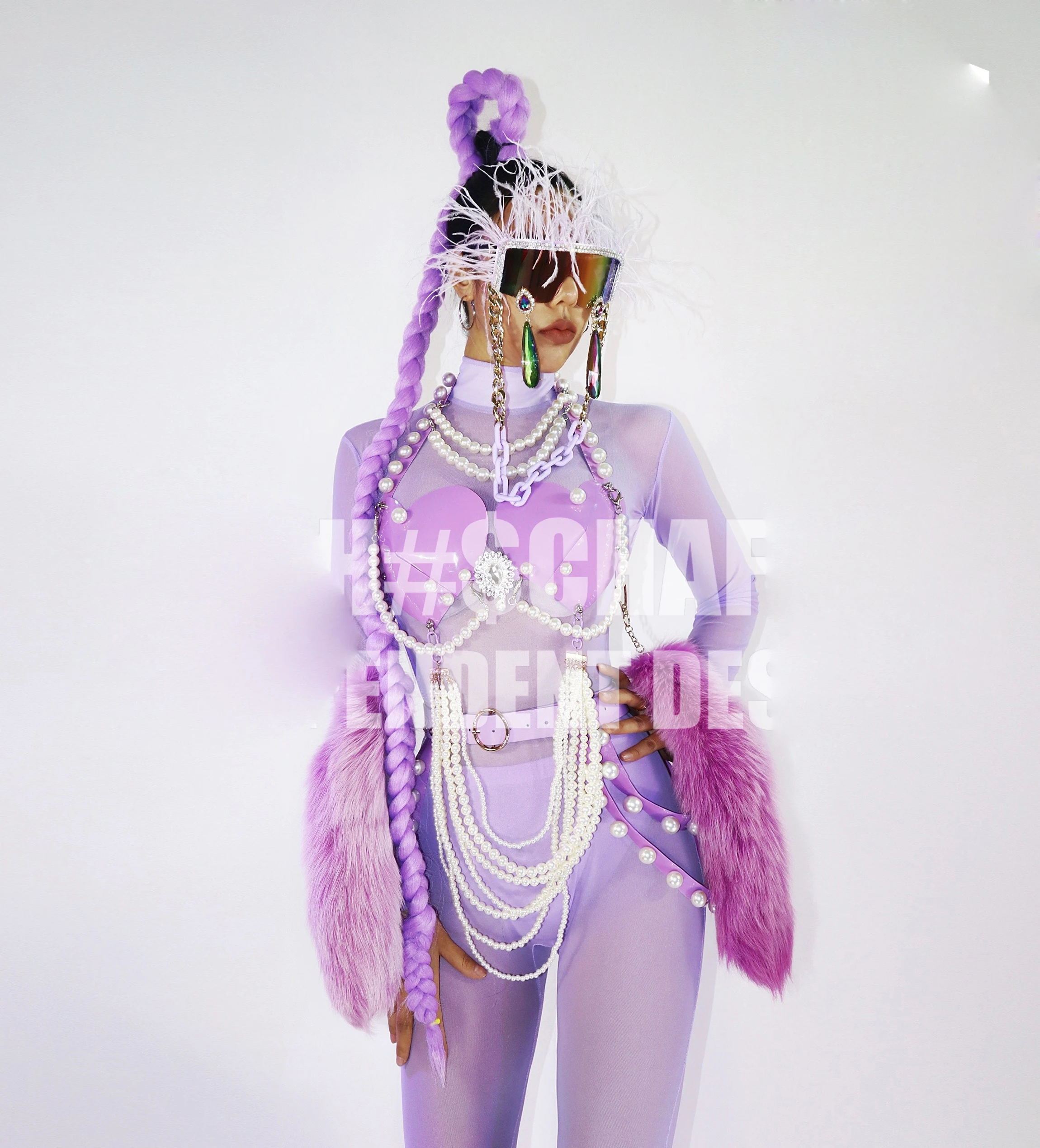 

Purple wig Nightclub Bar GOGO Women's Fashion Love Corset Pearl Chain DS Tour Costume