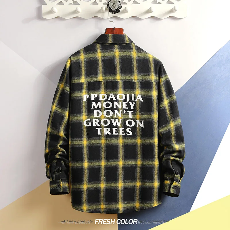 5XL повседневные рубашки с принтом мужские весенние Harajuku японские корейские топы Мужские негабаритные осенние зеленые клетчатые уличные рубашки с длинным рукавом - Цвет: Yellow Grid