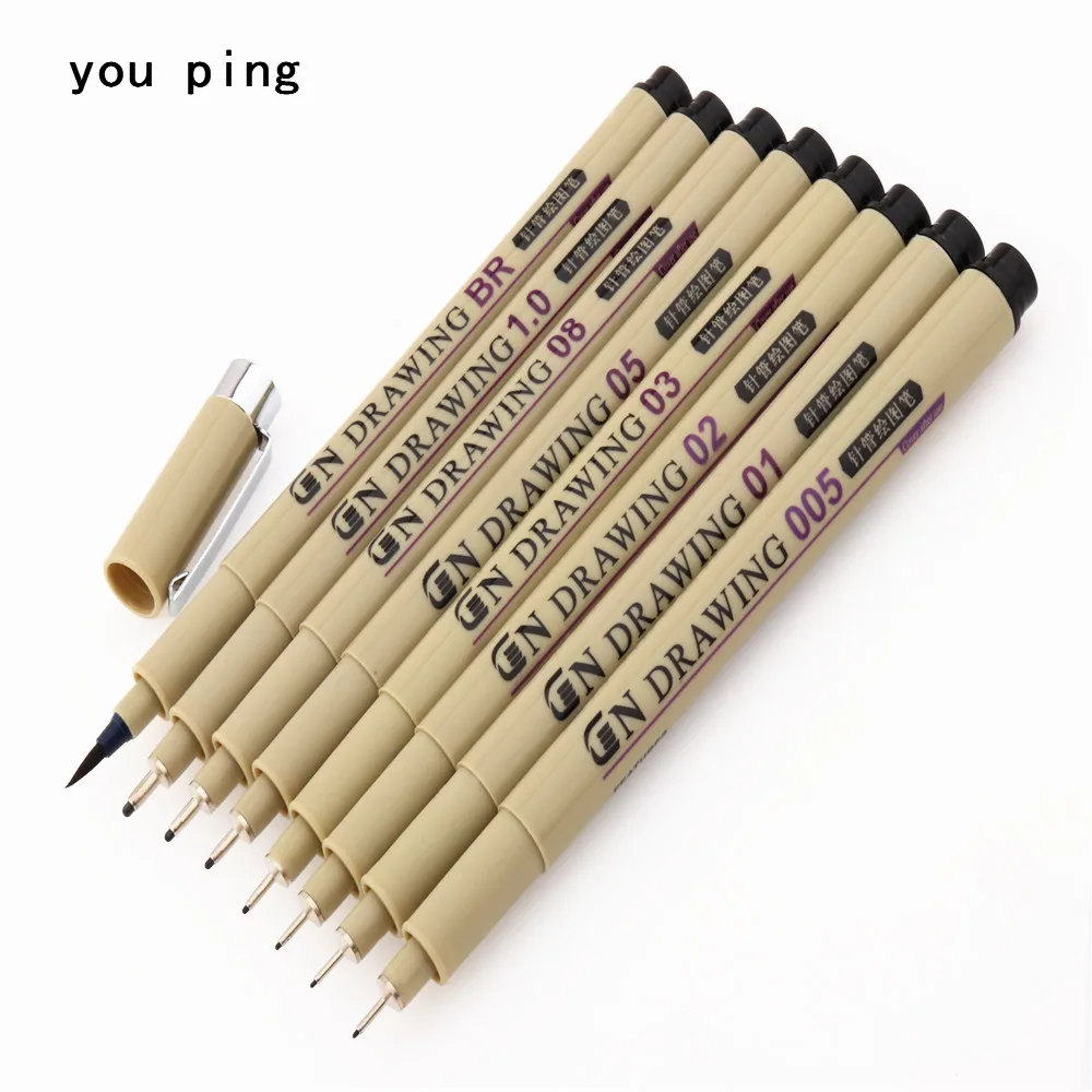 8 modelos impermeable micras aguja Nib fino líneas negro rotulador para bocetos pluma pincel de caligrafía dibujo arte Manga suministros