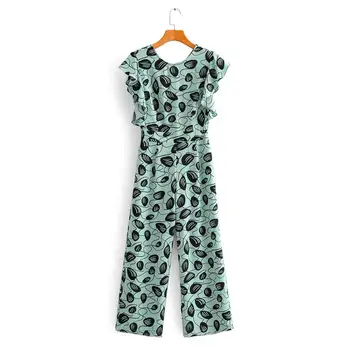 

2020 New Women Vintage Printing Cascading Ruffles Casual Slim Jumpsuits Ladies O Neck Conjoined Pants Chic Brand Siamese