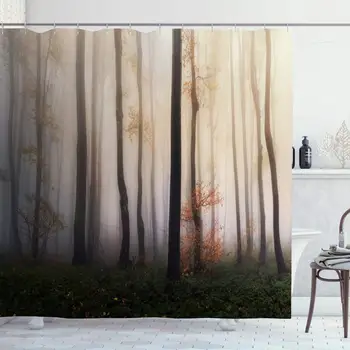 

Shower Curtain for Bathroom 72x72 Foggy Tree Autumn Morning Natural Fantasy Forest Mystical Mist Nature Panorama Park Woods
