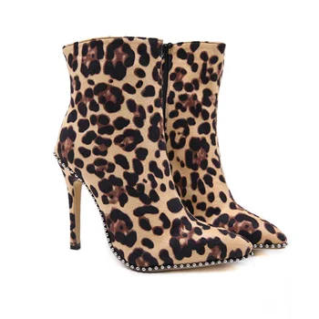 

2019 Winter New Flock Lady Boots Women Fashion Sexy Leopard Boots thin High Heels Zip pointed Toe Sexy Boots fashion ladies shoe