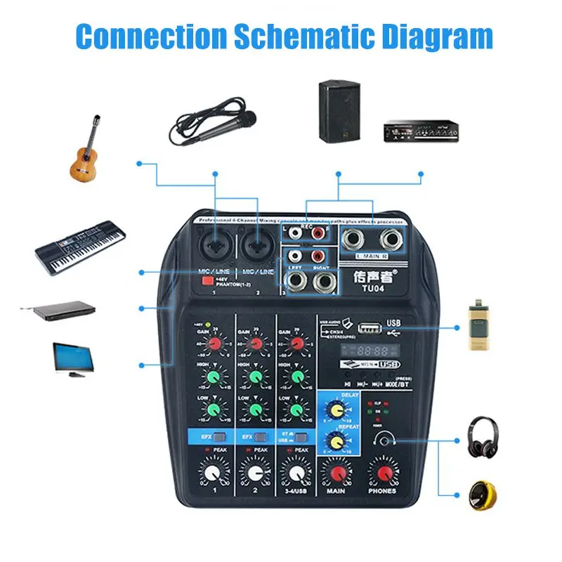 A4 микшерный пульт bluetooth USB Запись воспроизведения компьютера 48 В фантомное питание задержка Repaeat эффект 4 канала USB аудио микшер