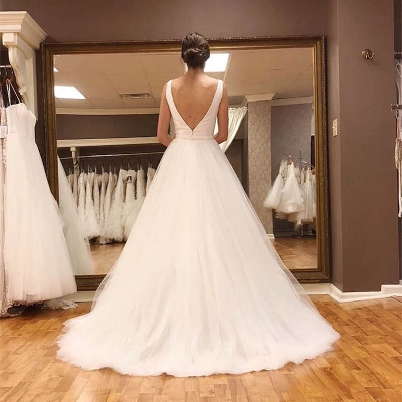 Sexy-V-neck-Beach-Wedding-Dresses-2019-Vestido-Noiva-Praia-Simple-White-Ivory-Tulle-Casamento-Sashes (2)