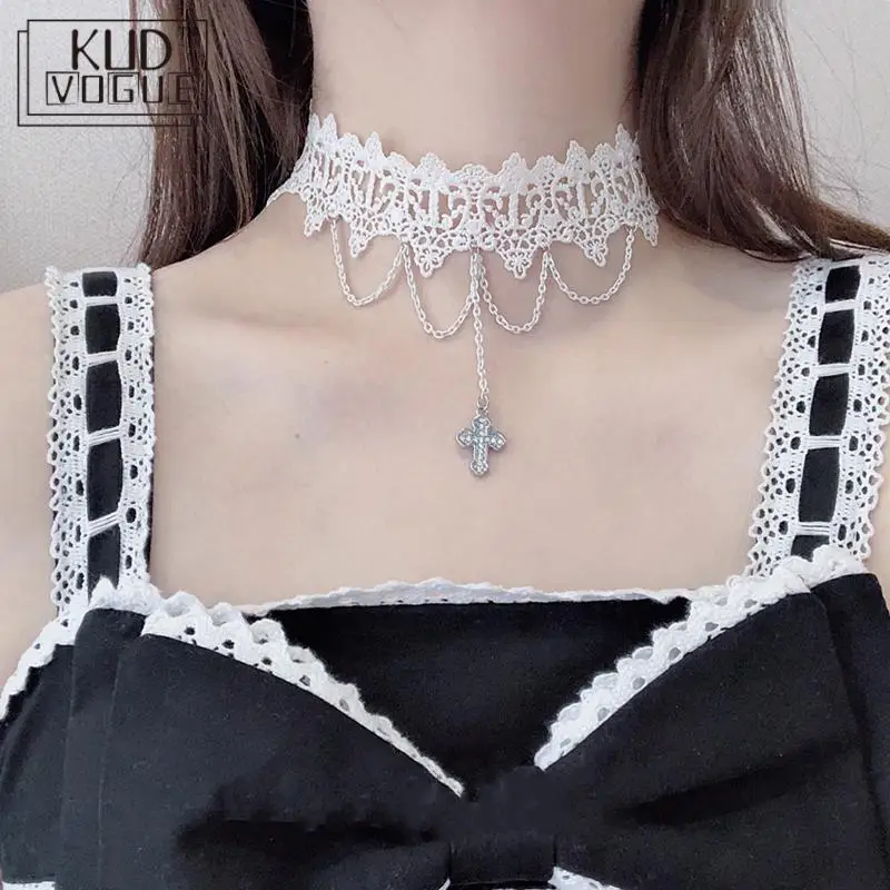 

Vintage Religious Cross Lace White Lolita Fairy Choker Necklace Women Gothic Necklace Halloween Accessorie Lady Masquerade Party