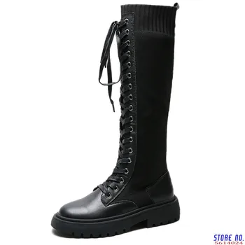 

Leather Kintted Elastic Women's Knee High Boots 2020 Style Women Platform Long Boot Lace Up Lady Chunky Shoes Plus Size