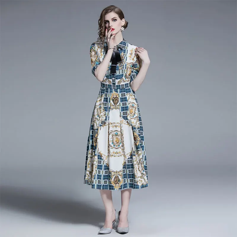 

Fashion Dress Women 2019 Summer New French Retro Plaid Skirt Bow Five-point Sleeve Dress Women Clothes Vestidos Verano Ddlg
