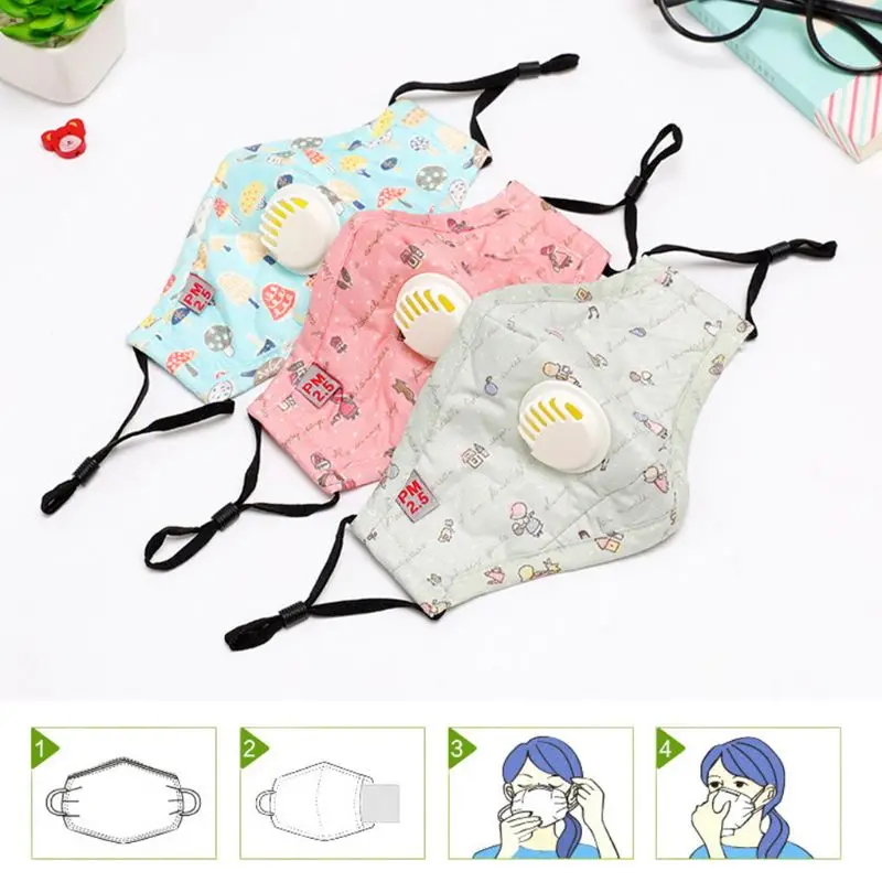 

Kids Cotton Anti-Dust Mouth Mask Cute Colorful Cartoon Car Bear Mushroom Printed Layer Filter Respirator With Breath Valve