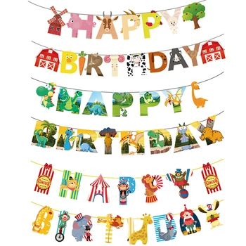 

Cartoon Animal Happy Birthday Banner Dinosaur Jungle Party Paper Bunting Garland Kids Adult Birthday Party Decoration Photobooth