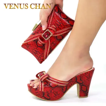 

Red Color Shiny Crystal New Fashion Italian Shoes With Matching Bag African High Heel Women Sandals and Bags For Prom Party