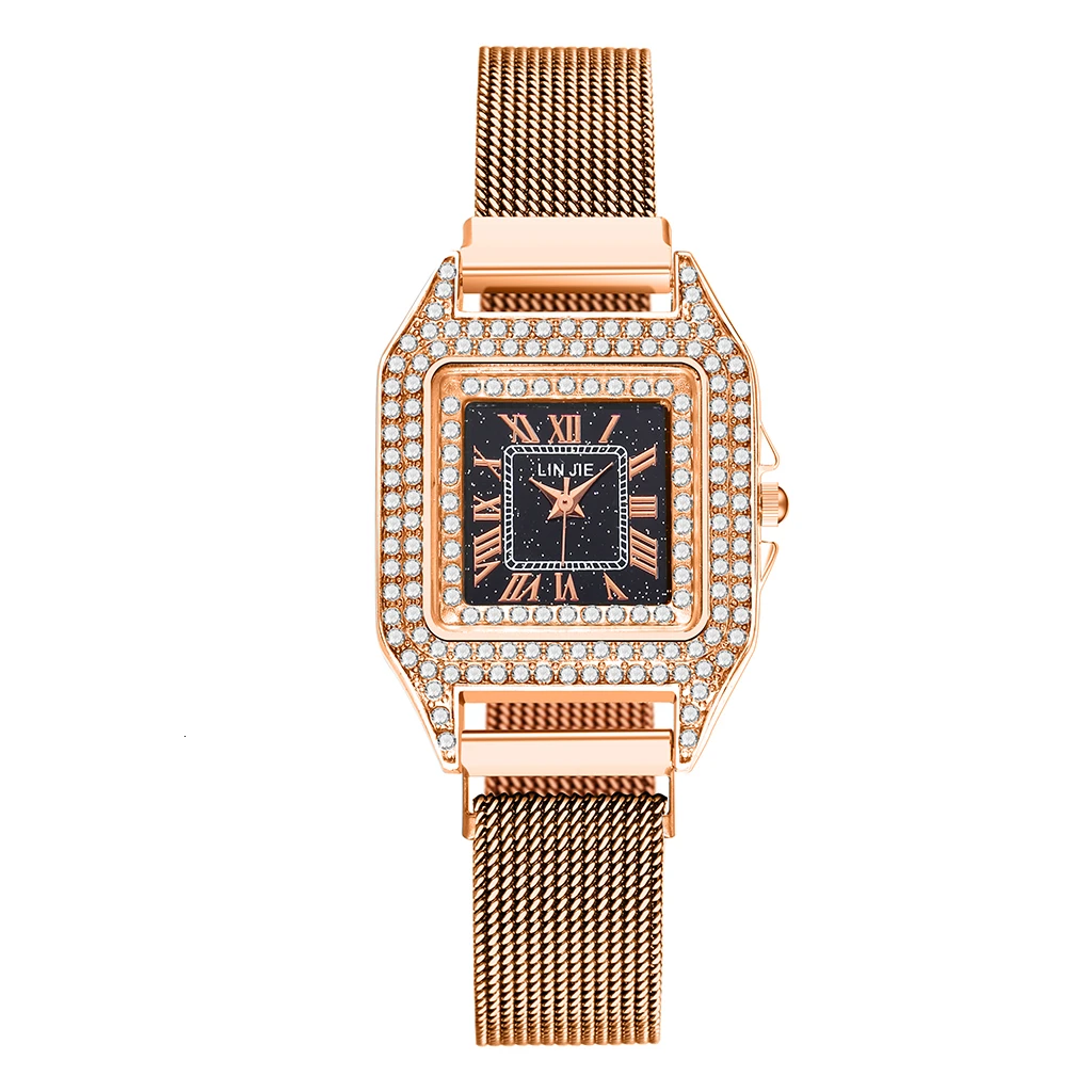 Women Magnet Buckle Square Case Shape Diamond Watch Luxury Ladies Stainless Steel Belt Quartz Watches Gift Clock