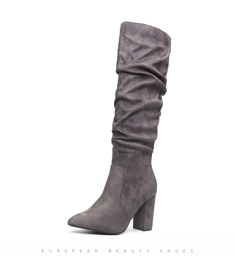 Pointed Toe Black Knee High Boots Suede Pleated Boots Shoes Women High Heel Autumn Winter Boots Femme Botas Mujer