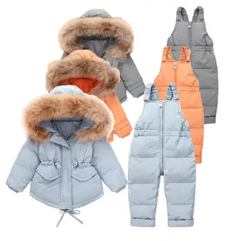 

2pcs Set Baby Girl winter down jacket and jumpsuit for children Thicken Warm fur collar jacket for girls Infant snowsuit 0-4Year
