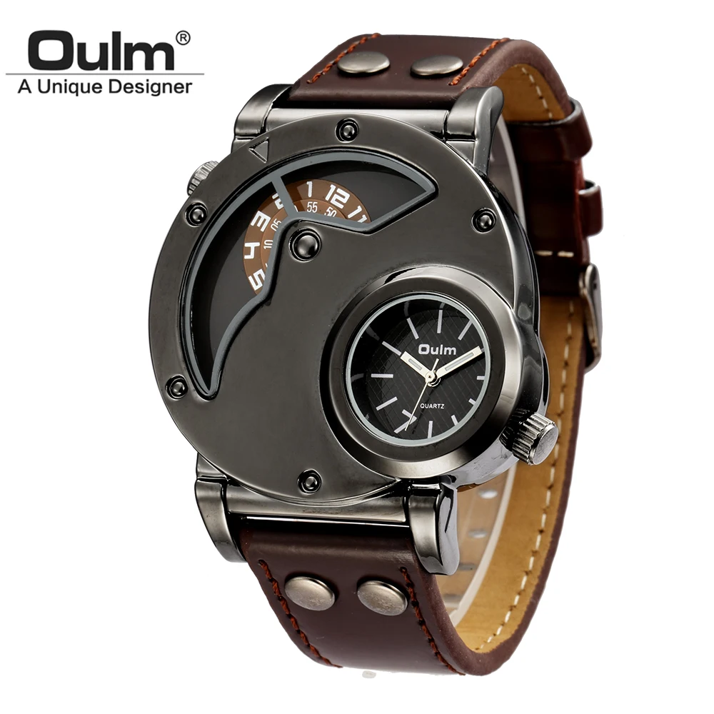 

Oulm 9591 Two Time Zone Casual Leather Strap Wristwatch Male Big Size Sport Watches Unique Men's Quartz Watch relogio masculino