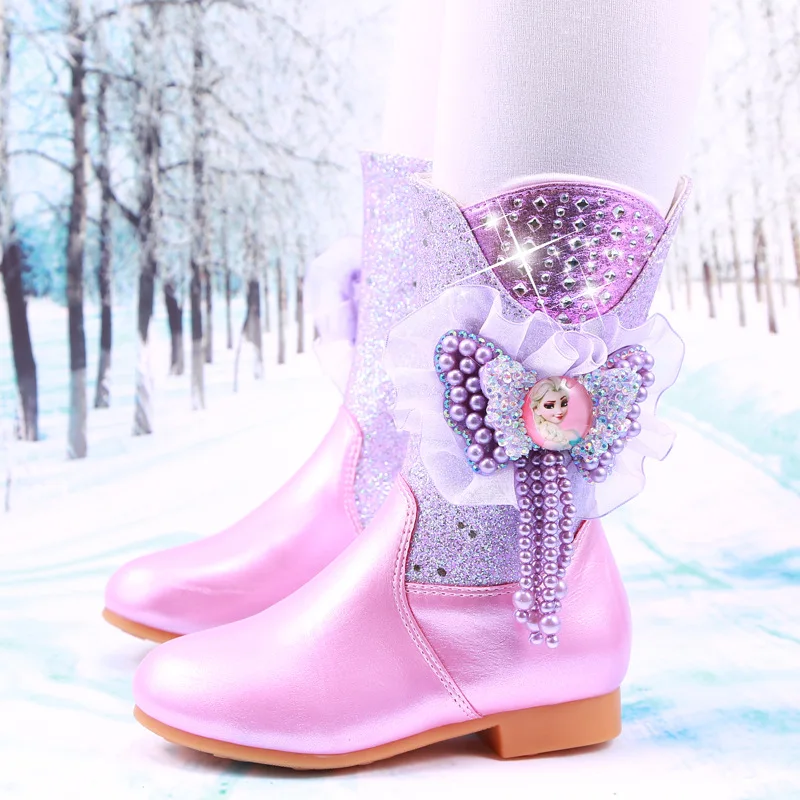 Зимние детские сапоги для девочек; высокие сапоги на низком каблуке; обувь принцессы для девочек; хлопковые кожаные сапоги; цвет розовый, синий; обувь для подарка на день рождения - Цвет: Purple