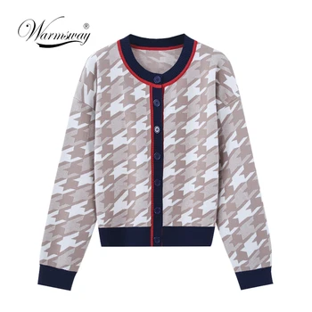 

Women Geometric Khaki knitted Sweater Women Casual Houndstooth Lady Cardigan Sweater Female Autumn Winter Retro Jacket C-083