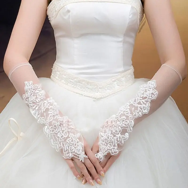 Женские перчатки без пальцев из прозрачной сетки с цветочной вышивкой, кружевные свадебные варежки для невесты