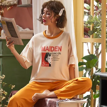 

Women's pajama set short sleeve casual top long pant set thin summer soft cotton print plus size night suit home wear