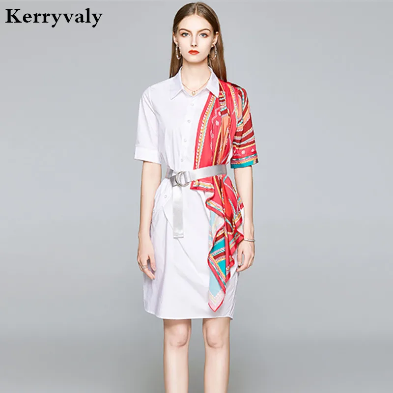 

New Summer Printed Silk Scarf Stitching White Shirt Dress Jurken Zomer 2020 Irregular Runway Party Dress with Belt K9210