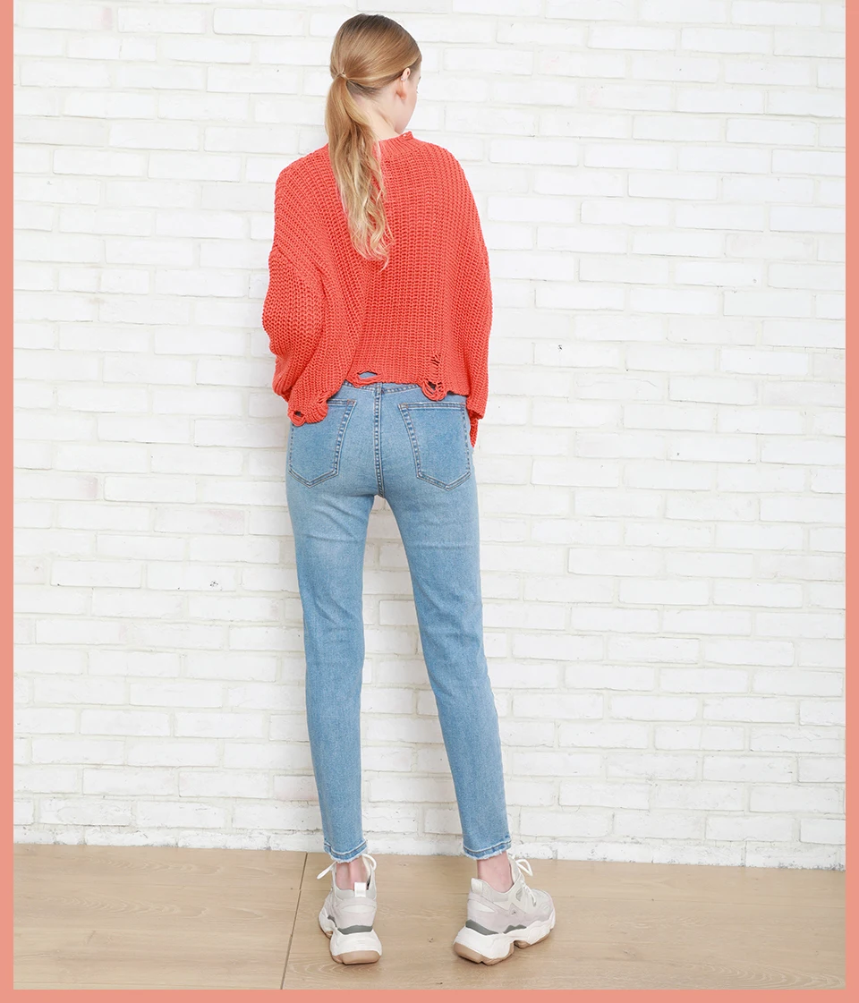 Autumn Winter Women Denim Skinny Pant Stretch High Waist Washed Blue Destroy/Rips Slim Elastic Lady Jeans