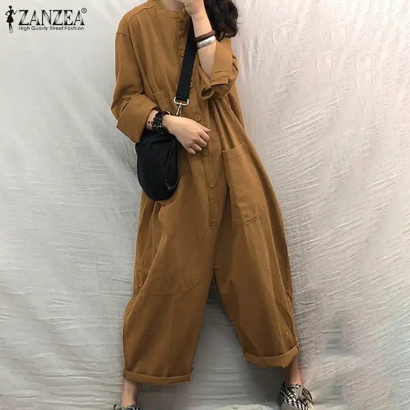 Women's Autumn Street Fashion Jumpsuit ZANZEA Lapel Long Sleeves Romper Female Casual Loose Solid Pocket Overalls |