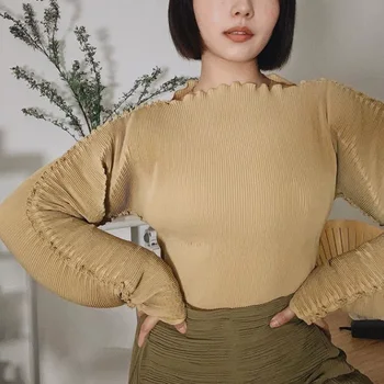 

Women shirt tops Slash neck Puff sleeves Loose ruffled lady pleated temperament top fashion wild