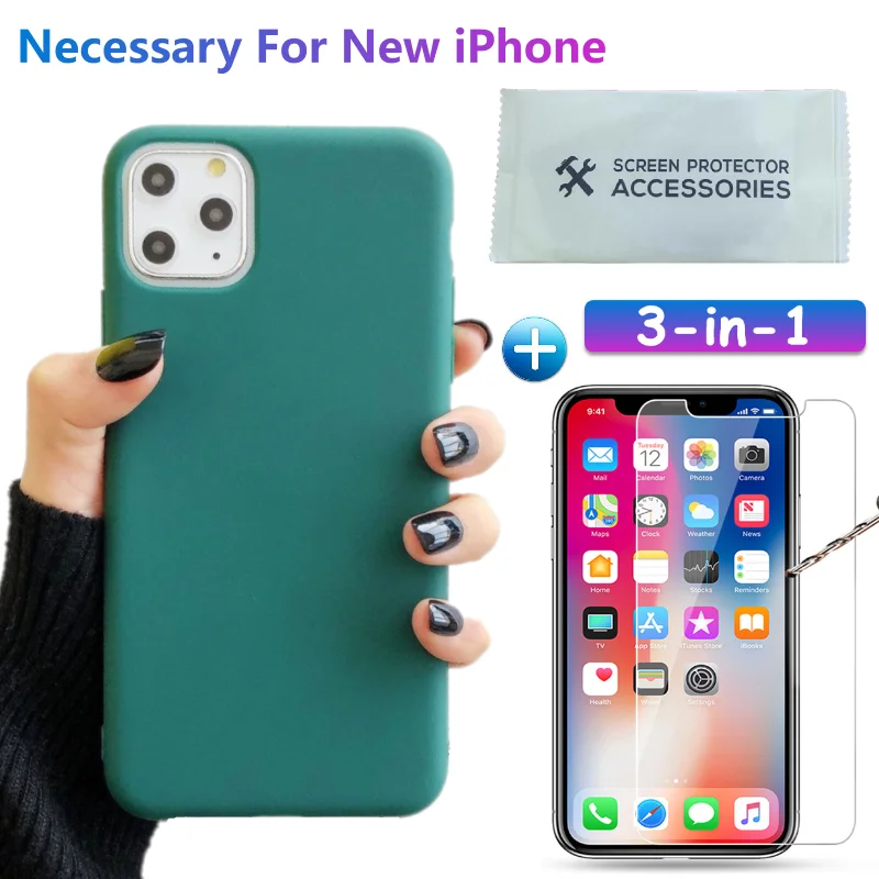 Мягкий силиконовый чехол 3 в 1 для iPhone 11 Pro Max из ТПУ ярких цветов + стекло SE 2020 XR X XS 8 7