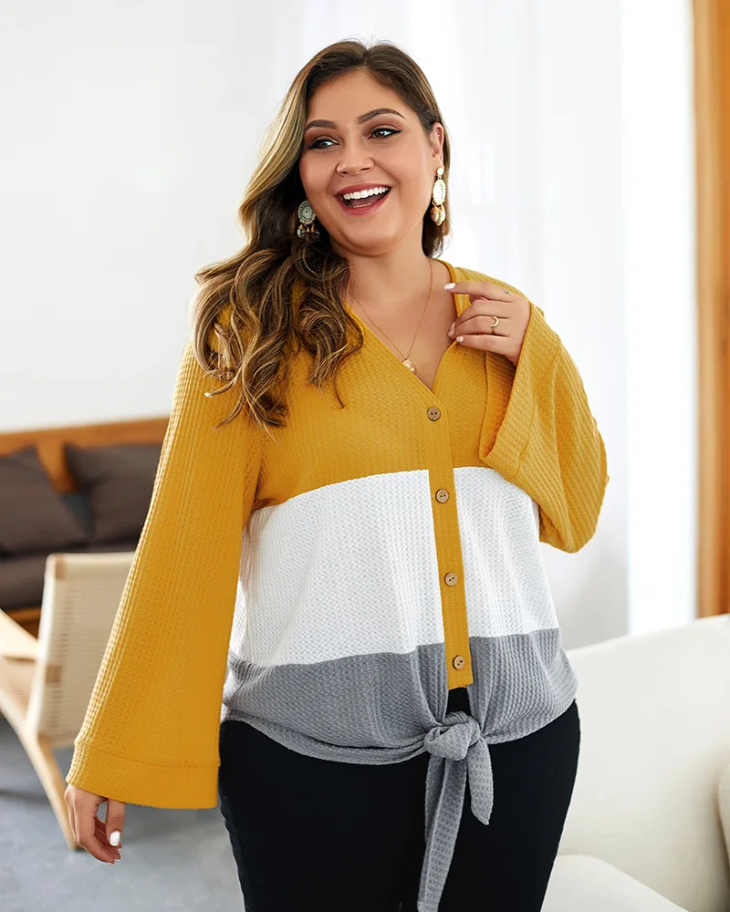 

Fashion Design plus-size Women Colorblock Stand Long Sleeve Knitted Sweater Tops High Quality Sweater New