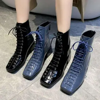 

Britishs Vintage Style Autumn&Spring New Ankle Boots Women Short Boots Square toe Thick Heel Martin Boot Motorcycle boots Black