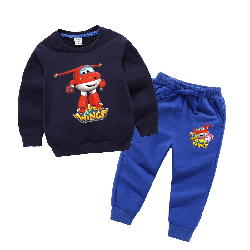 Комплект для мальчиков, новинка года, хлопок, весна-осень, супер Одежда с крылышками, свитер+ штаны, спортивный Детский костюм из двух предметов с героями мультфильмов