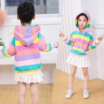 

kids' wear Girl clothes jacket fashion rainbow striped hooded long-sleevedT-shirt tops sweatshirt child clothing 2020 hot sale