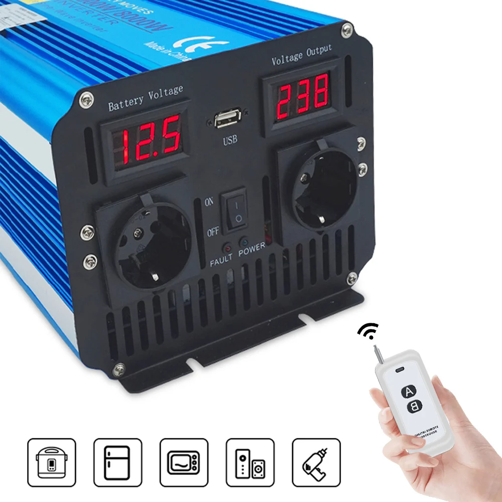 8000W Pure Sine Wave Inverter DC 12V to AC 220V-240V Voltage Transformer Remote Control Europe Plug Charging Adapter EU Socket |